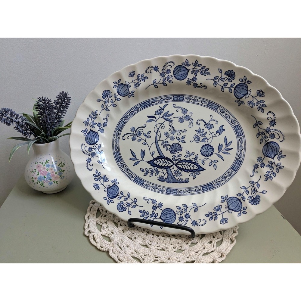 Vintage Blue Onion Myott Meakin Staffordshire‎ Oval Serving Platter Blue White